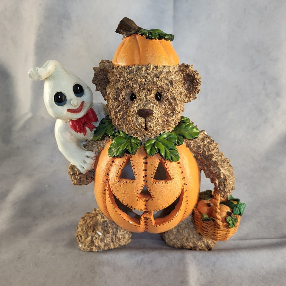 Y2K Vintage Teddy Bear Pumpkin Jack O Lantern & Ghost Resin Night Light